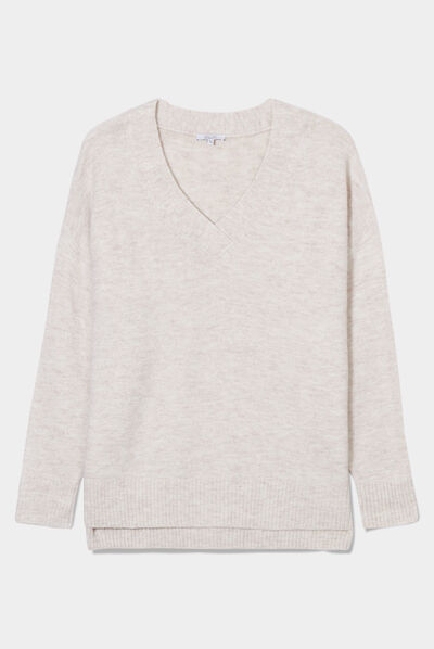 Pull col en V manches longues ecru femme grande taille