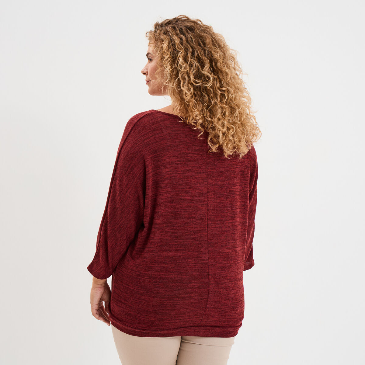 Pull manches 3/4 chauve-souris col V bordeaux femme grande taille
