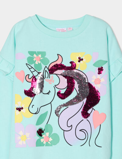 Sweat sequins réversibles et volants bleu clair fille