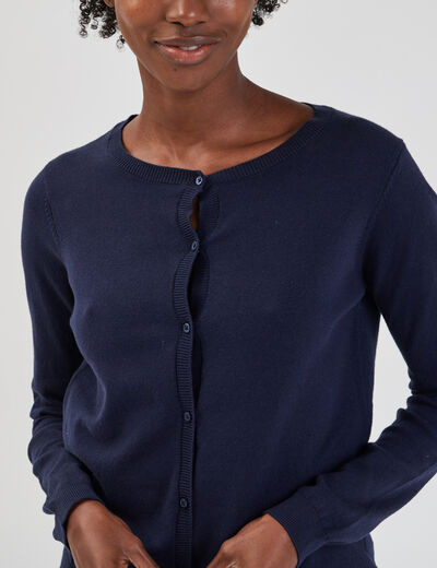 Gilet manches longues boutonné col rond bleu marine femme