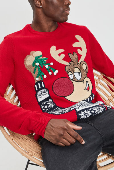 Pull de Noël avec col rond rouge homme