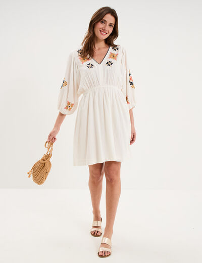 Robe courte brod&eacute;e taille &eacute;lastiqu&eacute;e ecru femme