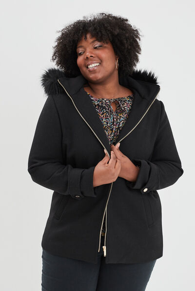 Manteau à capuche fourrure amovible noir femme grande taille