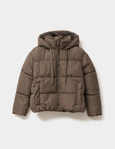 Doudoune courte droite doublée à capuche marron foncé femme