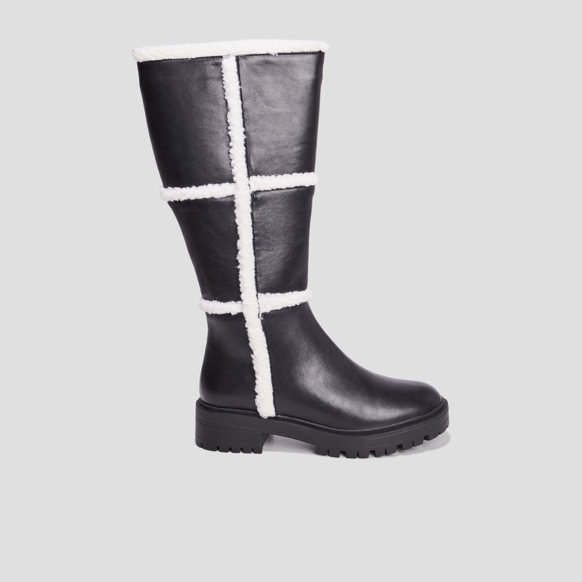 Bottes bandes fausse laine mouton noir femme
