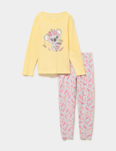 Ensemble pyjama pantalon 2 pi&egrave;ces coton jaune pastel fille