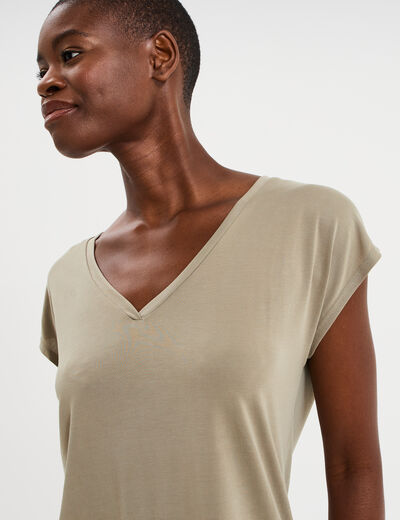 T-shirt col en V manches courtes taupe femme