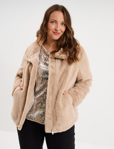 Manteau fausse fourrure col montant beige femme grande taille