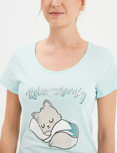 Ensemble pyjama corsaire 2 pièces coton bleu turquoise femme