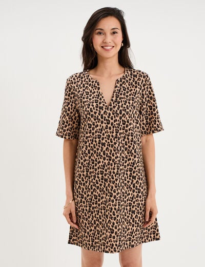 Robe courte col en V manches courtes beige clair femme