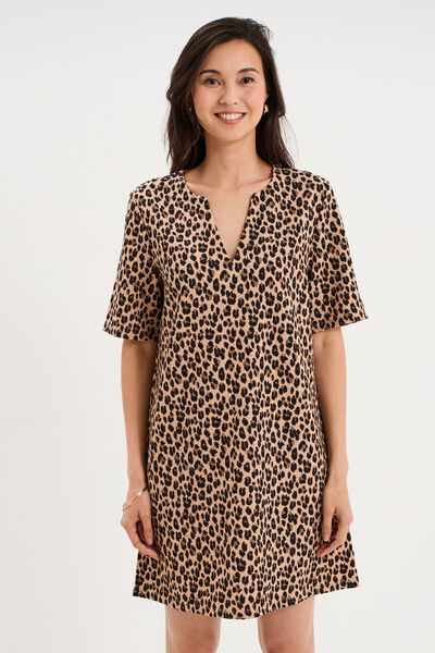 Robe courte col en V manches courtes beige clair femme