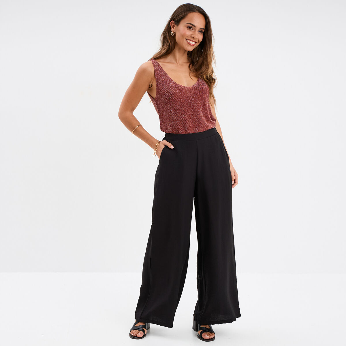 Débardeur maille col en V marron cognac femme
