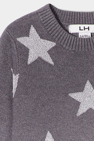 Robe pull tricot droite à col rond gris foncé fille