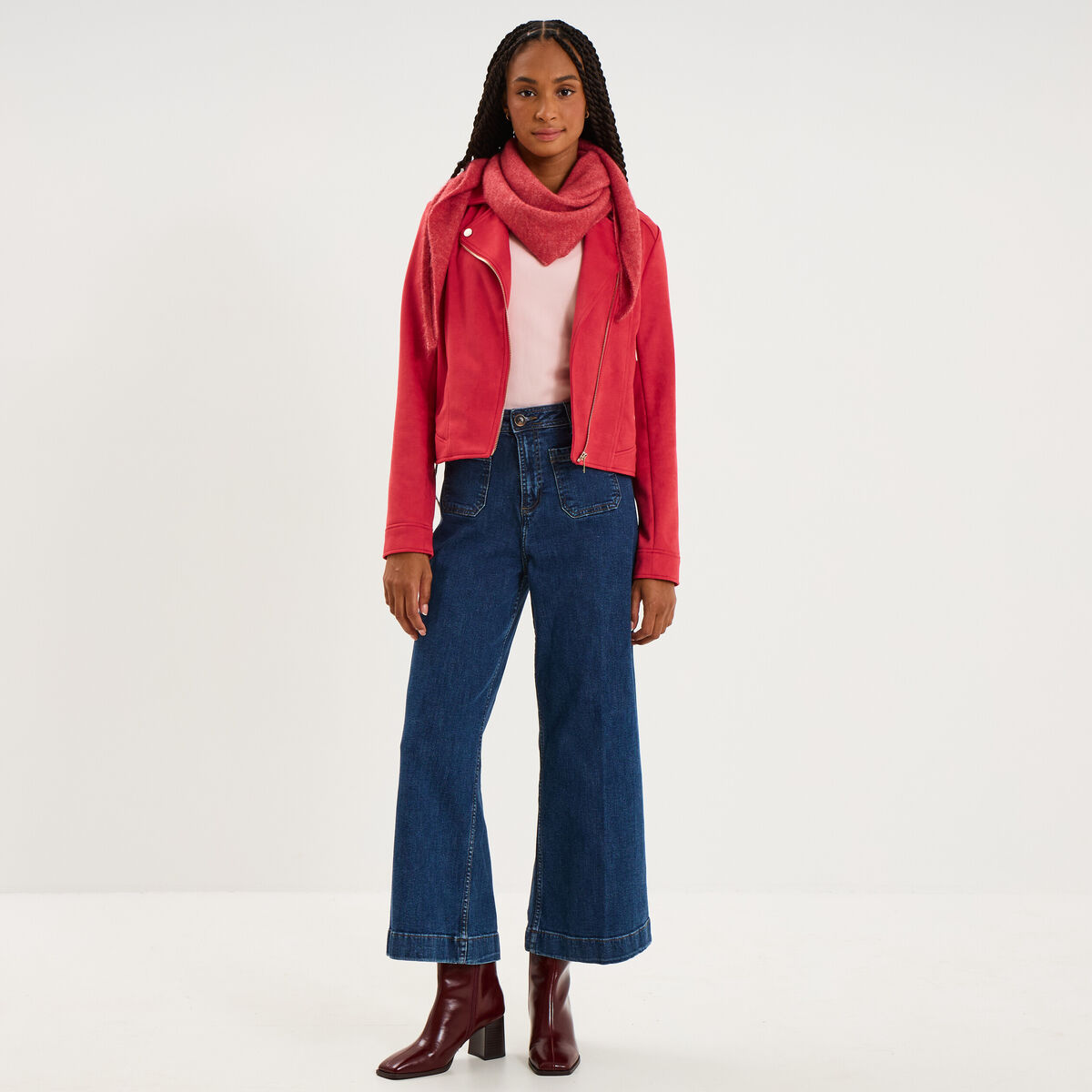 Veste biker en su&eacute;dine ajust&eacute;e rouge femme