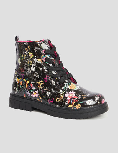 Bottines vernies crantées motif fleurs noir fille