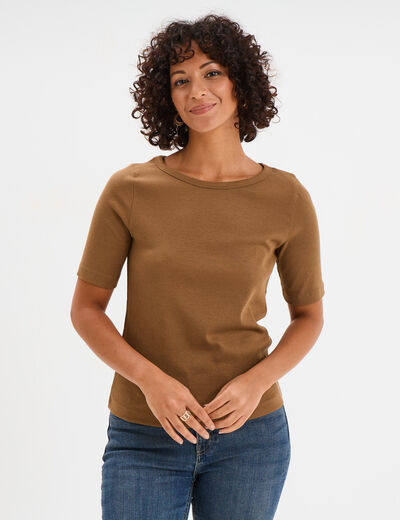 T-shirt col rond manches courtes coton beige femme