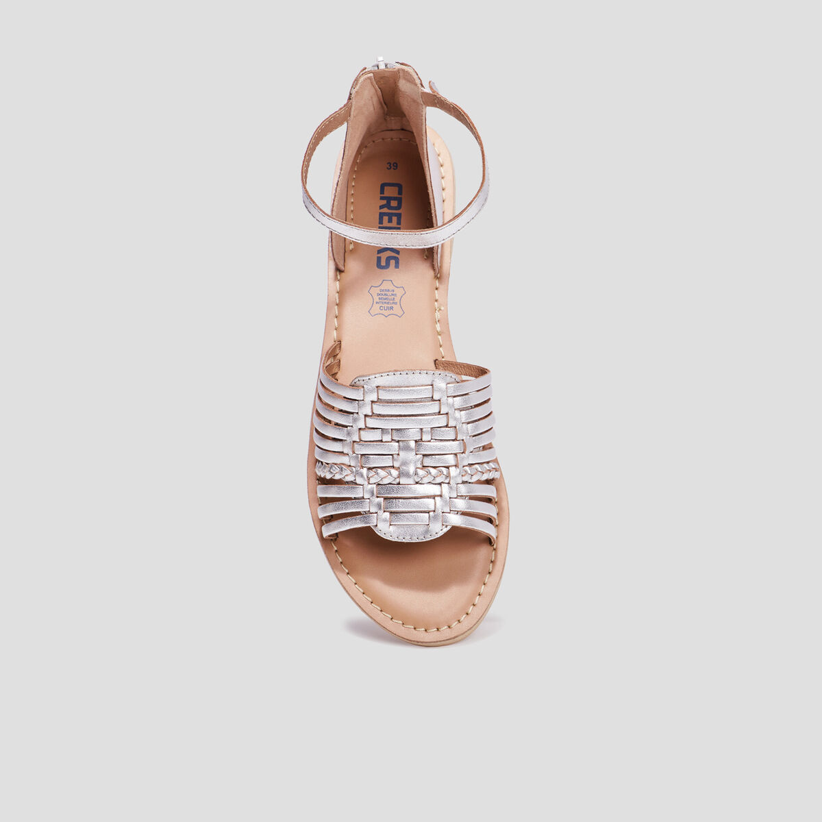 Sandales plates à brides en cuir Creeks gris argent femme