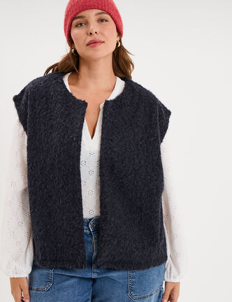 Veste droite sans manches bouclette bleu marine femme grande taille