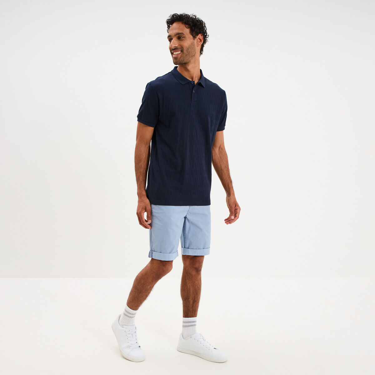 Bermuda short chino droit coton stretch bleu gris homme