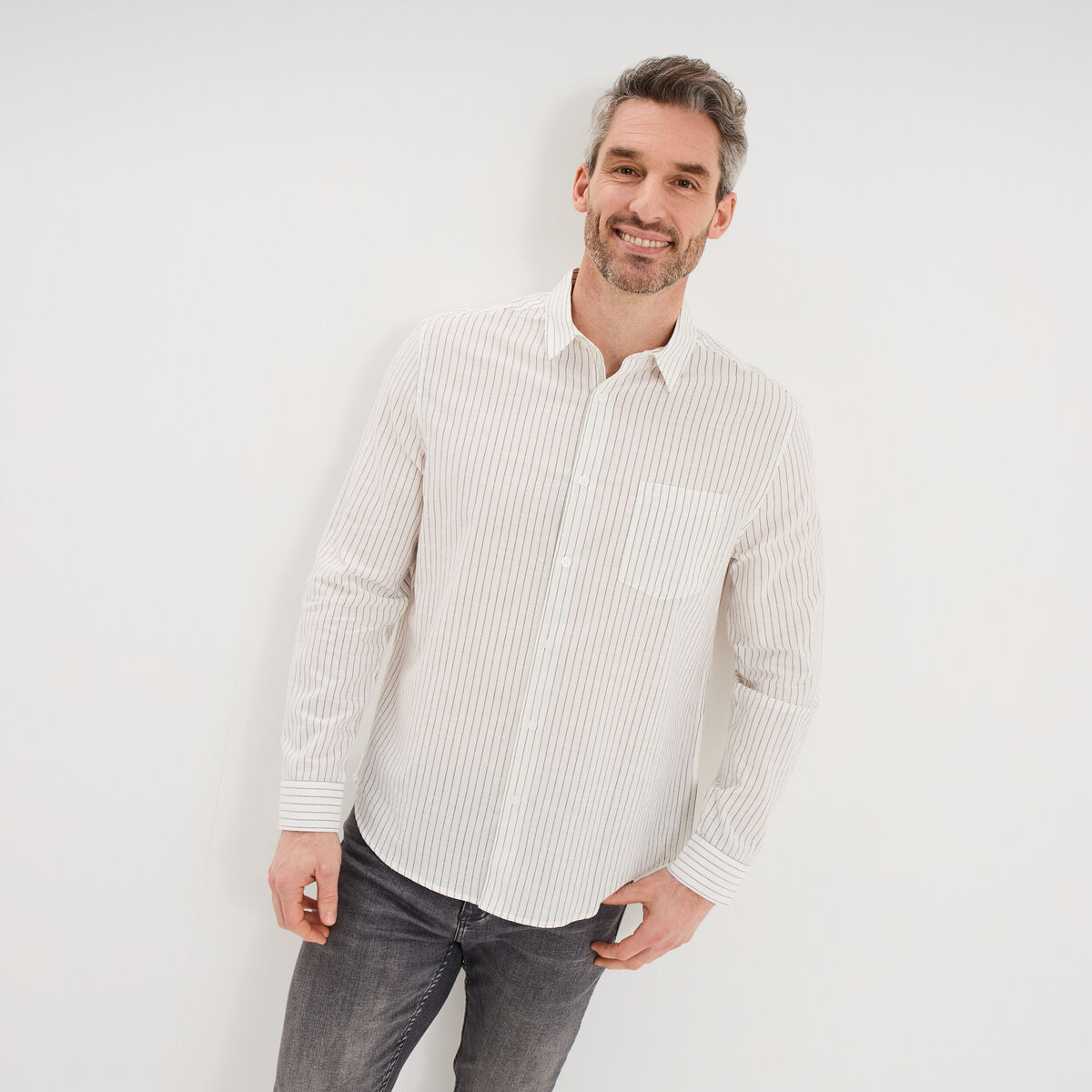 Chemise manches longues coton beige homme
