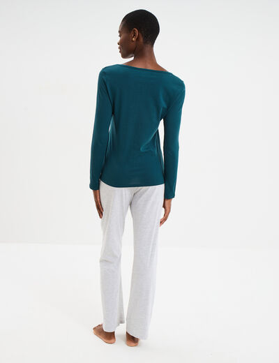Ensemble pyjama pantalon 2 pi&egrave;ces coton bleu canard femme