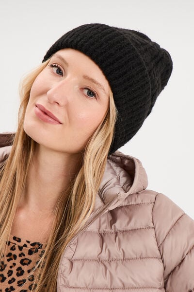 Bonnet tricot&eacute; torsades noir femme