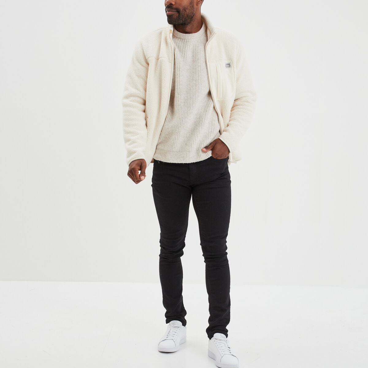 Pull col rond &agrave; manches longues beige homme