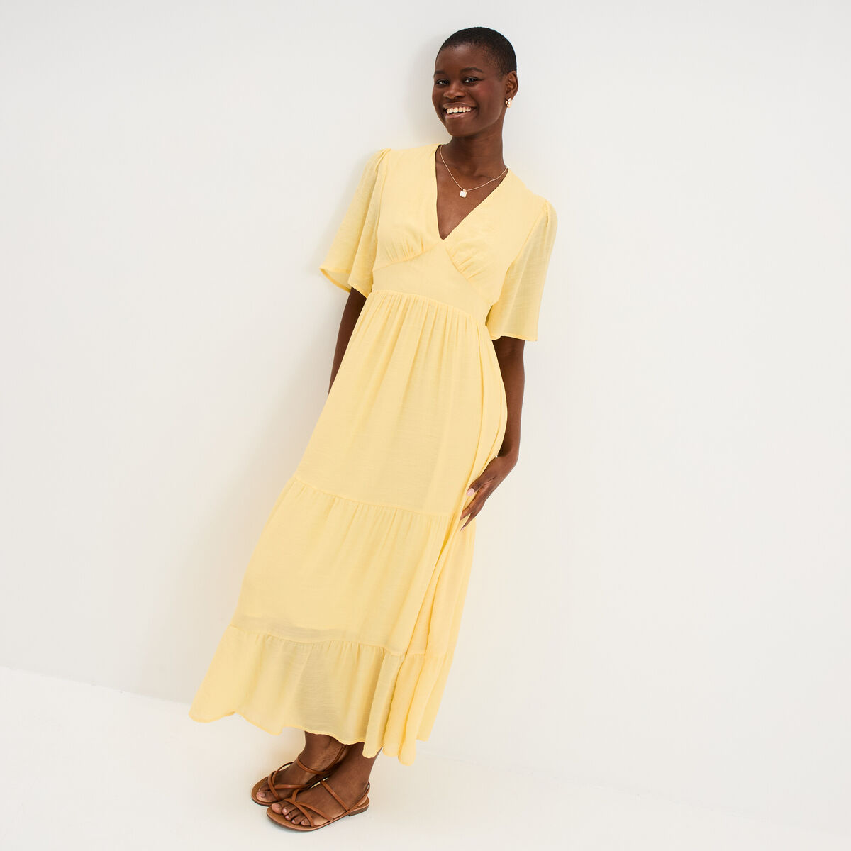 Robe longue fluide &agrave; volants jaune clair femme