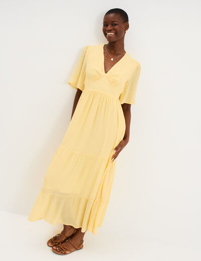 Robe longue fluide &agrave; volants jaune clair femme