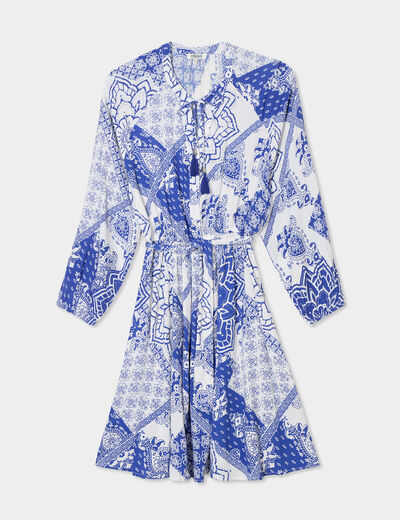 Robe fluide manches longues ceinturée bleu femme