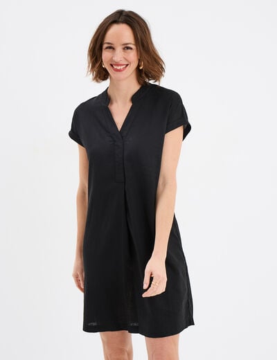 Robe manches courtes lin mélangé noir femme