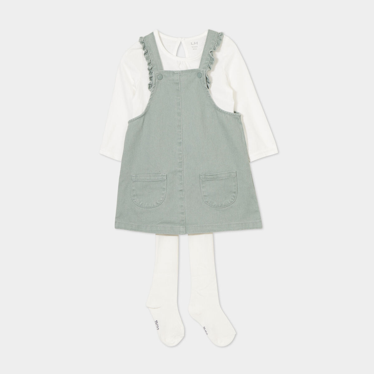 Ensemble 3 pi&egrave;ces avec robe salopette vert kaki b&eacute;b&eacute; fille