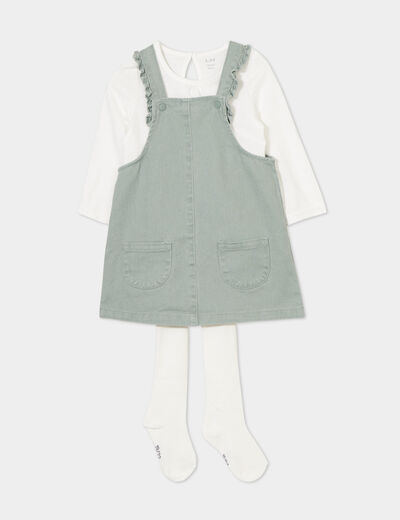 Ensemble 3 pièces avec robe salopette vert kaki bébé fille