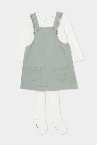 Ensemble 3 pi&egrave;ces avec robe salopette vert kaki b&eacute;b&eacute; fille
