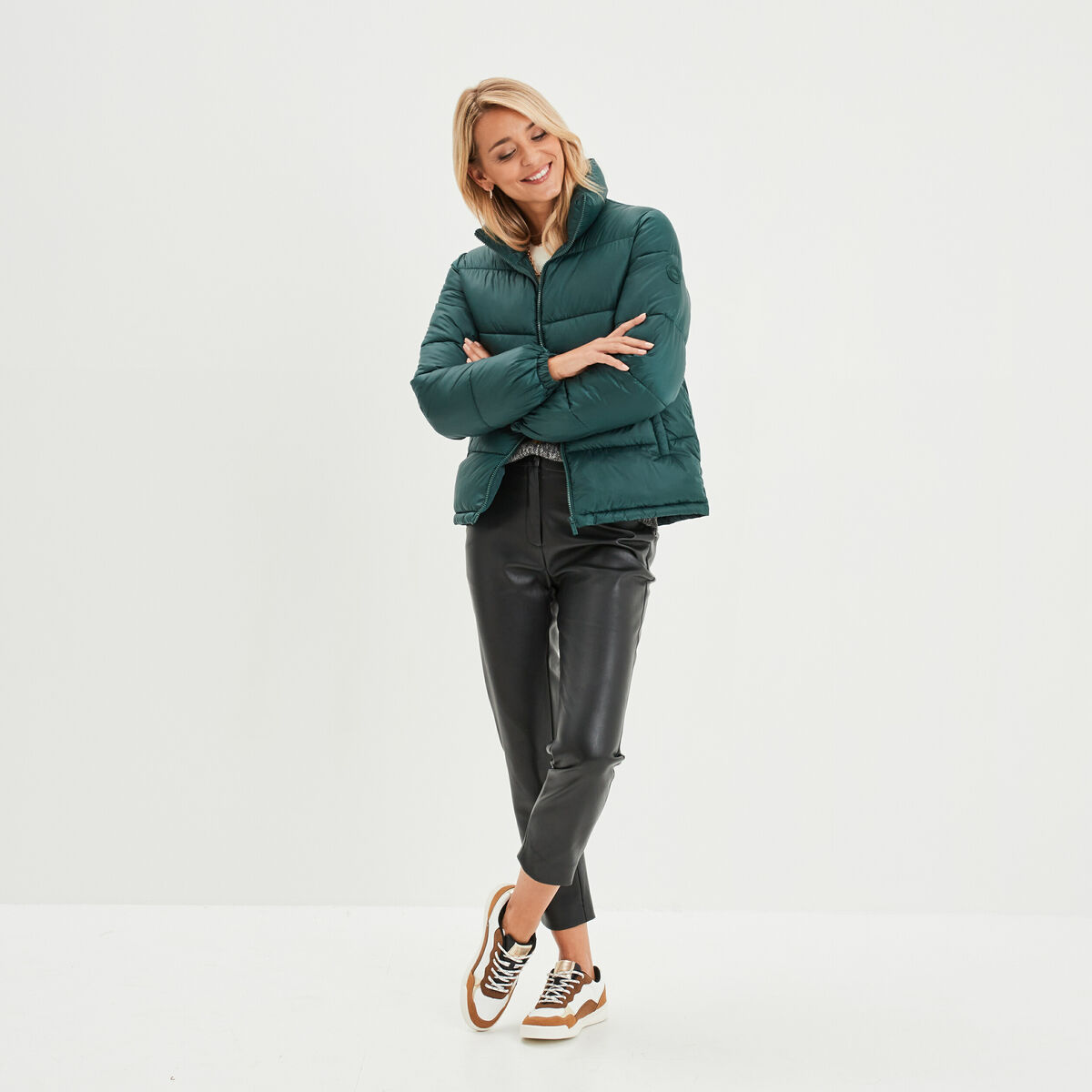 Doudoune col montant zippée bleu canard femme