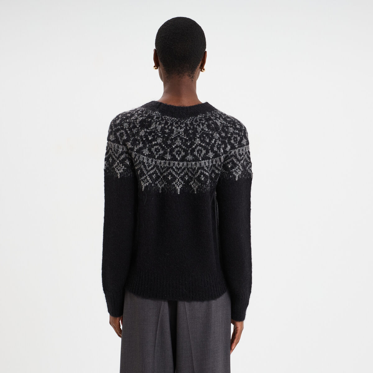 Pull jacquard col rond manches longues noir femme