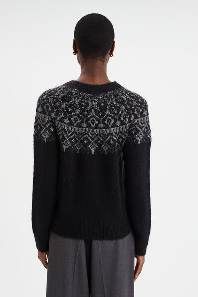 Pull jacquard col rond manches longues noir femme