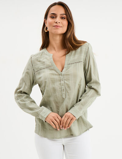 Blouse droite col mao coton vert kaki femme
