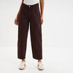 Jean balloon taille haute cropped coton marron fonc&eacute; femme