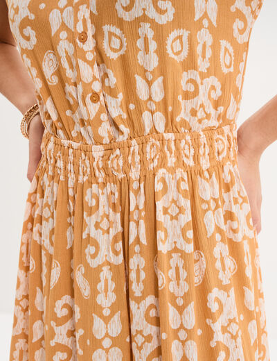 Robe longue cr&eacute;pon col tunisien jaune ocre femme