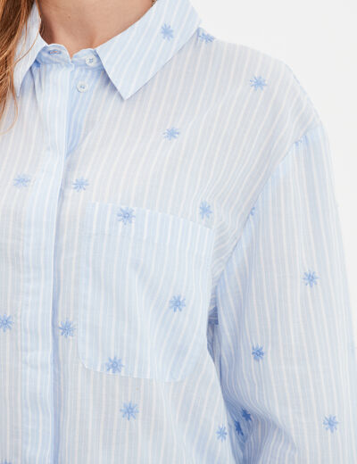 Chemise droite brod&eacute;e coton bleu clair femme