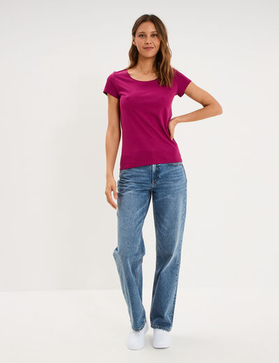 T-shirt coton col rond manches courtes prune femme
