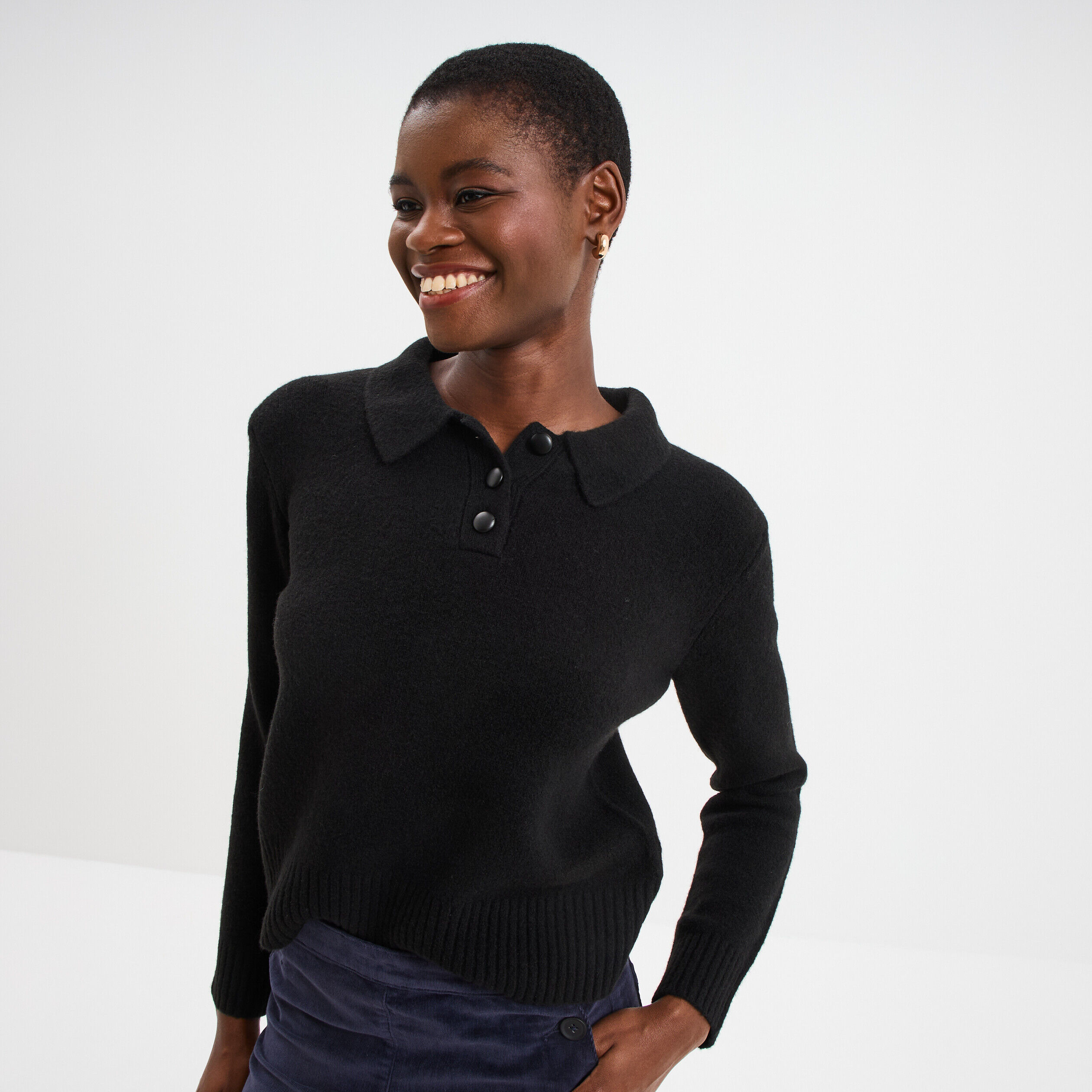 Pull col polo manches longues noir femme LH