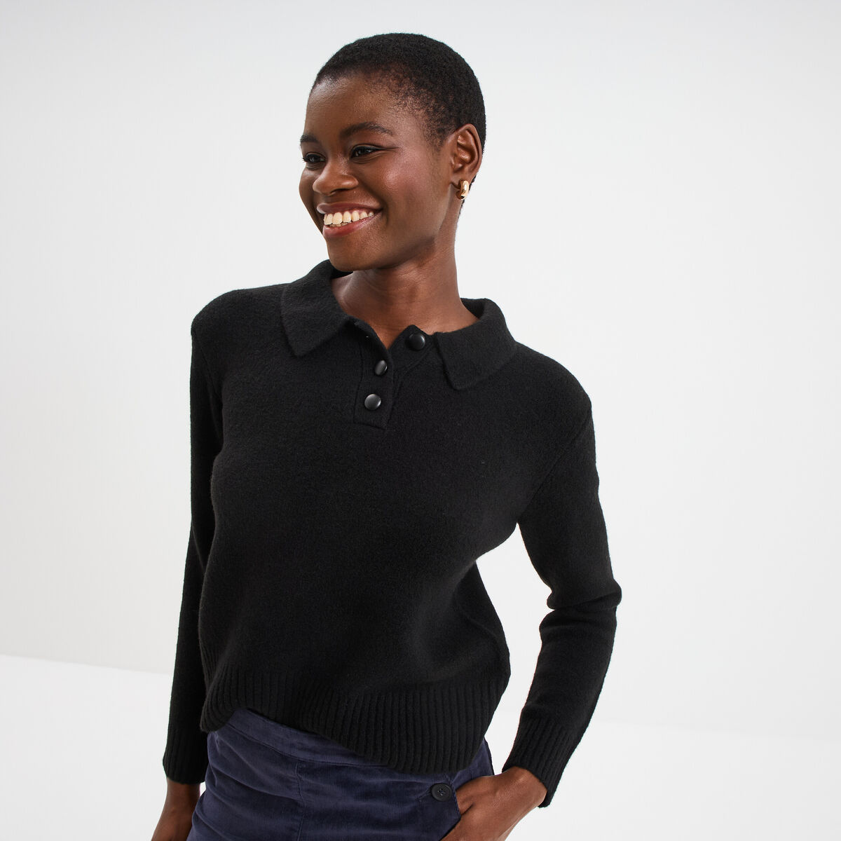 Pull col polo manches longues noir femme