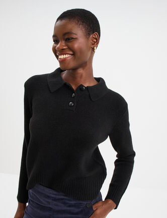 Pull col polo manches longues noir femme