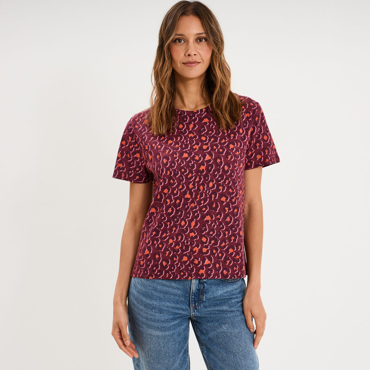 T-shirt coton col rond manches courtes bordeaux femme