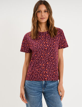 T-shirt coton col rond manches courtes bordeaux femme