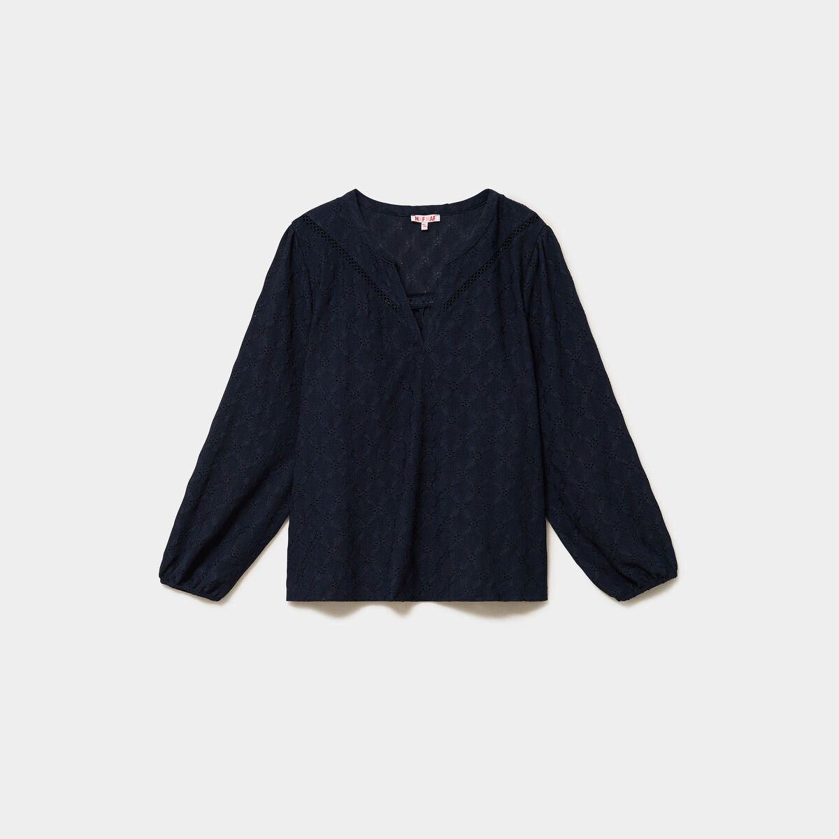 Blouse ajour&eacute;e manches 3/4 col tunisien bleu fonc&eacute; femme grande taille