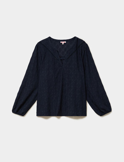 Blouse ajour&eacute;e manches 3/4 col tunisien bleu fonc&eacute; femme grande taille