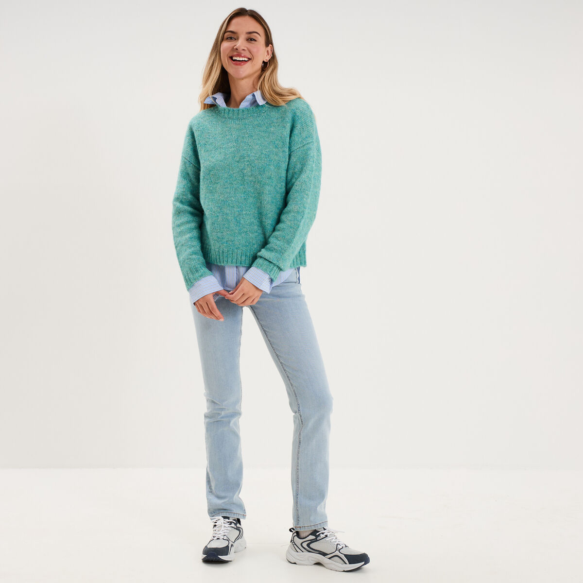 Pull col rond manches longues bleu canard femme